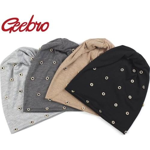 Geebro Women Casual Winter Metal Ring Rhinestone Beanies hat For ladies Slouchy Cotton Ribbed Knit caps Skullies Girls Bonnet