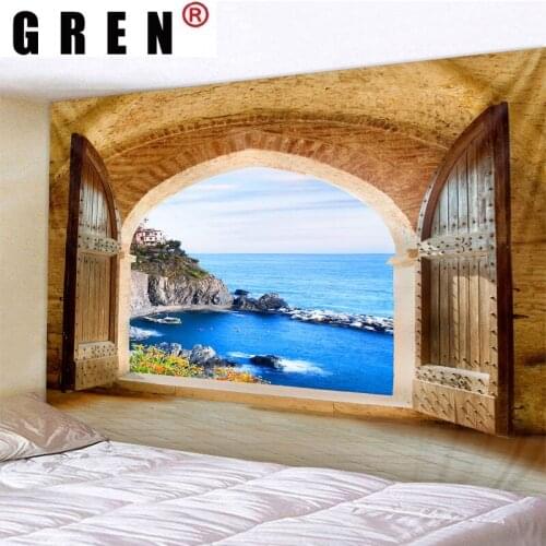 GREN Tapestry Window Sea Landscape Digital Printed Wall Hanging Wall Covering Rugs Background Cloth Beach Mat Blanket Home Decor
