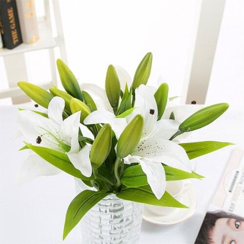 3 Heads Real Touch Artificial lily Flowers Wedding Bridal Silk Fake flower Bouquet white lily Plants Christmas Home Party Decor