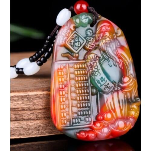 Chinese Colorful Jade Mammon Pendant Necklace Jewellery Fashion Hand-Carved Relax Healing Man Women Luck Gifts Amulet Free Rope