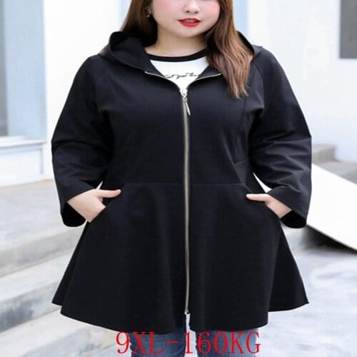 Large Size Hooded Jacket 5XL-9XL Large Size Womens Bust 148CM Embroidered Pocket Long Sleeve Stitching A Line Hem Jacket