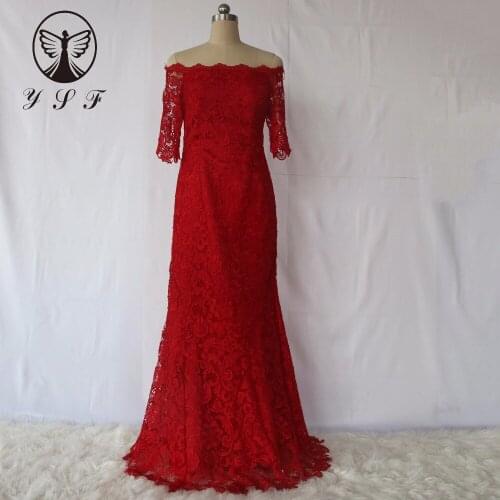 2K17 Best Selling Vestidos De Fiesta Red Boat Neck Half Sleeve Lace Floor Length Mermaid Evening Dresses