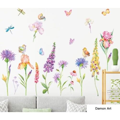 100*90CM Wall Sticker Coloured Bell Orchid Butterflies in Pastoral Flowers Skirting Line Self-pasting House Decoration Posters