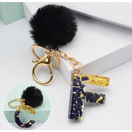 New Fashion English Letter Keychain With Pompom Black A-Z Keyring Glitter Sequins Filling Resin Key Chain Gifts Accessories