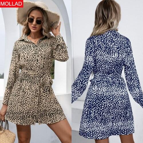 European and American New European and American Leopard Print Long Sleeve Shirt Dress Suspender Dress Dress for Women