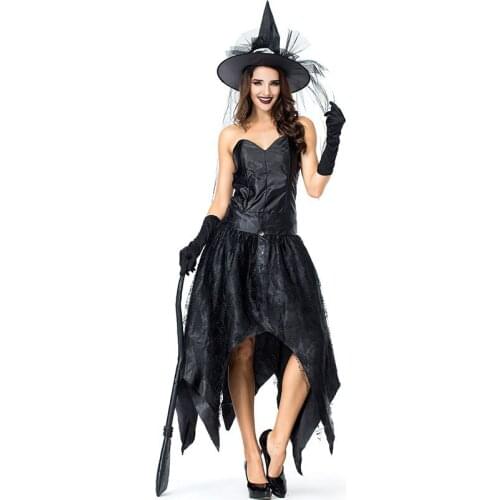 Adult Women Sexy Goth Halloween Wicked Witch Costume Black Off Shoulder Strapless Corset Dress High Low For Ladies