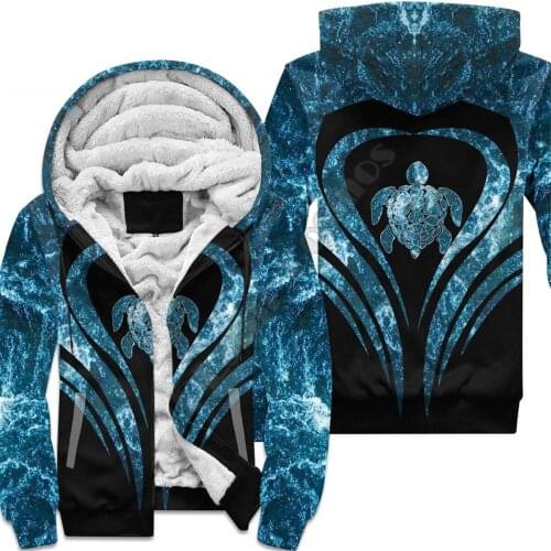 PLstar Cosmos 3DPrint Polynesian Sea Turtle Tattoo Hibiscus Winter Men/Women Funny Winter Warm Double Plus velvet Zip Hoodies-a4
