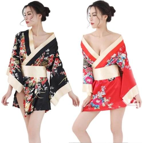 Traditional Brand Women Japanese Kimono Sleepwear Sexy Deep V-neck Kimono Satin Floral Printed Nightwear Short Bath Robe