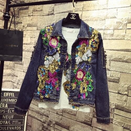 2021 Fashion Spring Autumn Womens Diamond Sequins Cowboy Denim Jacket Female Students Casual Holes Blue Jeans Coat Set