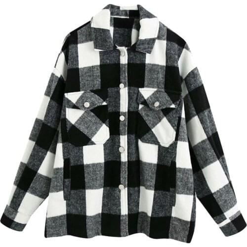 2021 New Women Fashion Oversized Plaid Jacket Coat Vintage Long Sleeve Pockets Female Outerwear Chic Tops