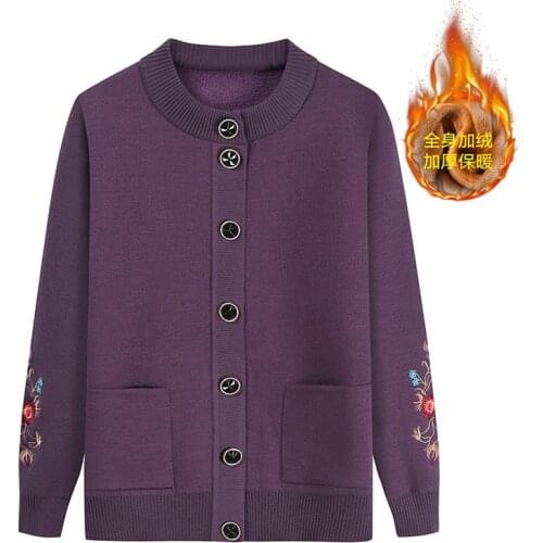 Middle-aged Women Outerwear Turn Down Collar Long Sleeve Design Button Embroidery Sweaters Cardigan Large Size Autumn Winter Top