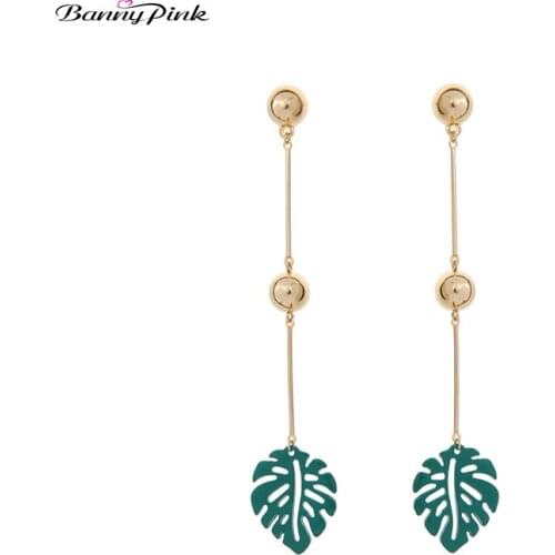 Banny Pink Vacation Enamel Leaf Pendant Earrings For Women Elegant Long Bar Bead Statement Dangle Earrings Behomia Drop Earrings
