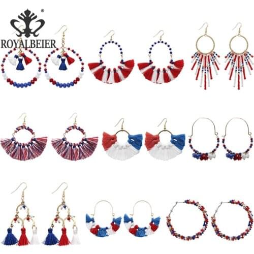 Women Happy Independence Day Jewelry Flag Color Tassel Earrings Elegant Long Beads Winding Earrings Party Gift Fashion Jewelry