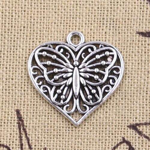 10pcs Charms Heart Butterfly 22x20mm Antique Silver Color Pendants Making DIY Handmade Tibetan Finding Jewelry