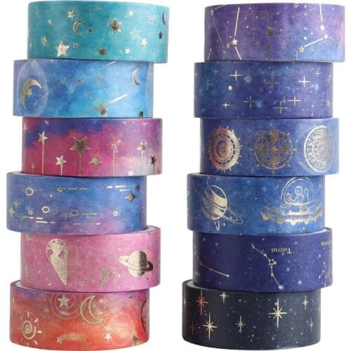 12pcs Starry Night Washi Tape Set 15mm*2m Galaxy Constellation Moon Star Adhesive Masking Tapes Home Stickers Decoration A6033