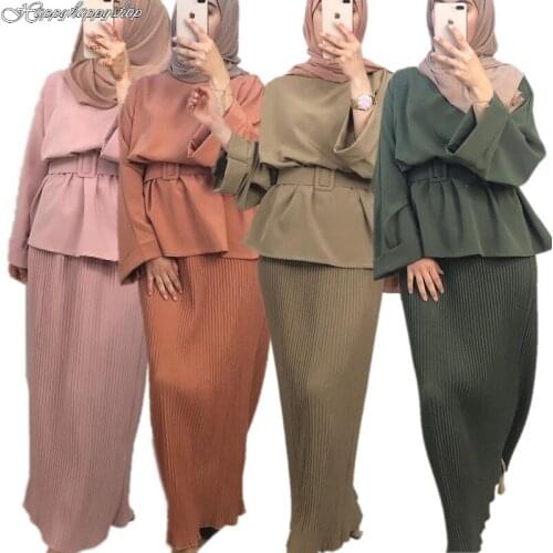 2PCS Modesty Abaya Dress Turkish Muslim Tunic Tops Pleated Skirts Islamic Clothing Dubai Party Gown Femme Ramadan Vestidos S-2XL