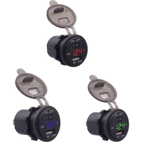 12V/24V Waterproof 2.4A USB Car Charger Socket Power Outlet Adapter With ON OFF Switch LED Voltmeter For Car Marine ATV Boat Mot