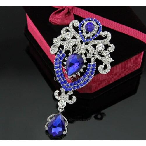 Noble Royal Blue Big Brooch Fashion Crystal High-end Flower Rhinestone Brooches Pins For Women Classical