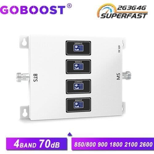 GOBOOST 70dB Four band gsm 2g 3g 4g amplifier repeater LTE 800 850 900 1800 2100 2600 signal booster 4g mobile network antenna