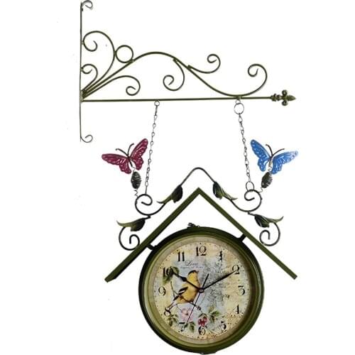 Double-sided Hanging Clock Station Clock Garden Vintage Retro Bracket Mounted Outdoor Indoor Wall Clock For Home Garden