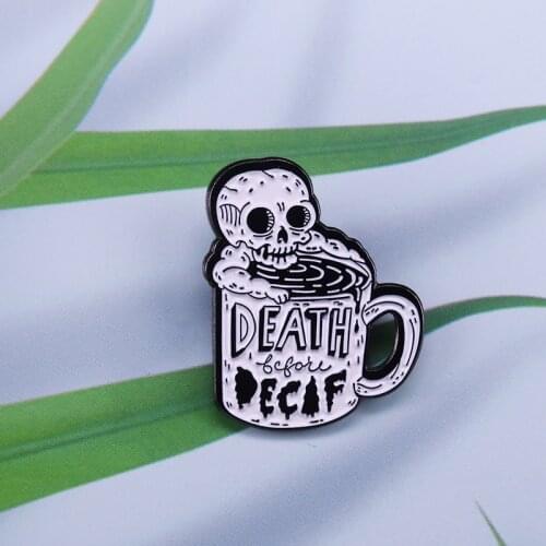 Skull coffee cup enamel pin Cup silhouette and lettering pin Jewelry for people who like coffee