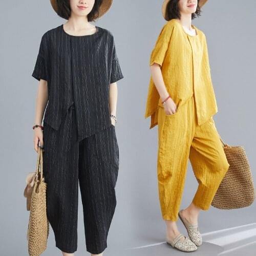 Cotton Plus Size Vintage Summer Irregular Casual 2 Two Piece Set Loose Tee T Shirt Women Oversize Clothes Topps Harem Pants