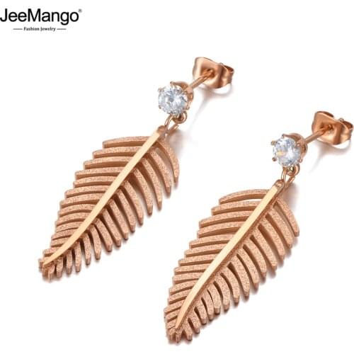 JeeMango Office Style Frosted Leaves Plant Earrings Stainless Steel Trendy CZ Crystal Earrings Jewelry For Women Girls JE20111