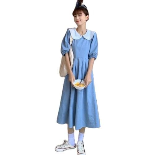 Lace Doll Collar Short Sleeve Dress Women Summer 2021 New Retro Mid-Length High Waist Pullover Lace Dresses Female Elegant E568