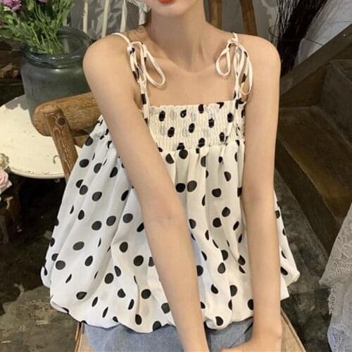 Polka Dot Tanks Camis Women Summer 2021 Casual Folds Backless Design Korean Chic Tops Female French Chiffon Short Party Clothing