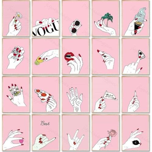 Fashion Makeup Wall Art Canvas Painting Pink Poster Nail Polish Fingers Prints Wall Picture For Living Room Modern Home Decor