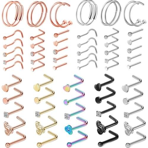 Stainless Steel Crystal Nose Stud Pack 20G L Shape Nose Rings Set Heart Nostril Piercing Set Straight Pin crystal Stud Nose Ring