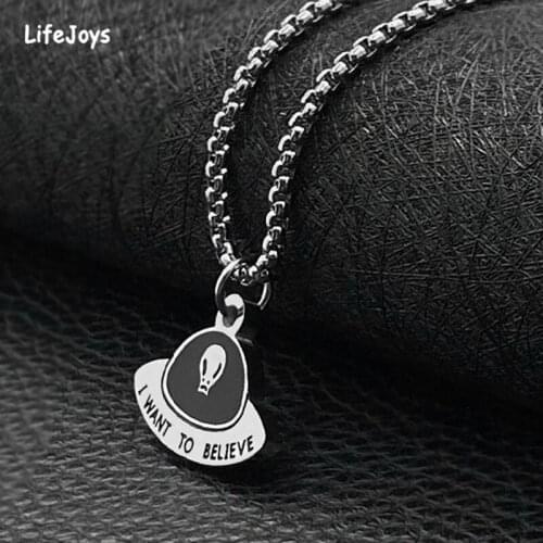 New Alien UFO Necklace Stainless Steel Hip Hop Jewelry Punk Pendant Engraved I WANT TO BELIEVE High Polished Quality No Fade