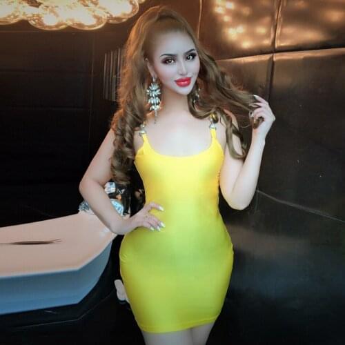 Charming Crystal Embellished Mini Dress Yellow Orange New Spaghetti Strap Sexy Vestido For Women Metal Ring Bodycon Party Dress