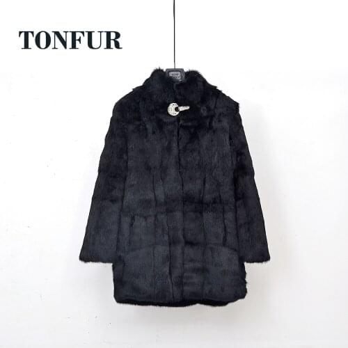 Hot Shinny Diamonds Decorate on front Natural Real Full Rabbit Fur Coat Classical Mandarin Collar Dropshipping Overcoat TSR265