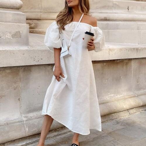 Women White Square Collar Midi Dress Casual Puff Sleeve Patchwork High Waist Female Dress Summer Fashion Loose Office Lady Style