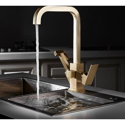 Kitchen Sink Faucet Brushed Gold Cold And Hot Water Tap Brass Mixer With Pull Out Deck Mounted Multi Functional 360Rotation