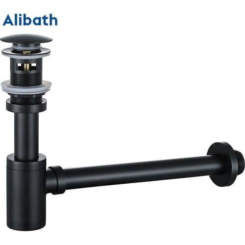 Basin Pop Up Drain Black Brass Bottle Trap Bathroom Sink Siphon Drains with Pop Up Drain Kit P-TRAP Pipe Waste Hardware