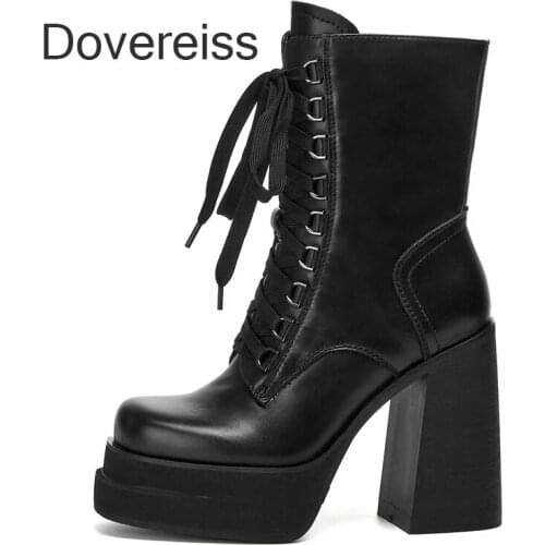 Dovereiss Fashion Womens Shoes Winter Goth PlatformS Zipper Cross Lacing Genuine Leather Block Heels Square Head Short Boots