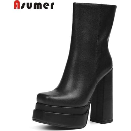 Asumer Genuine Leather Shoes 2022 Women Boots Square Toe Zip Super High Heels Platform Shoes Autumn Winter Ankle Boots Woman
