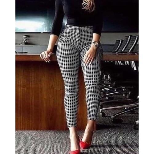 2020 Spring Autumn Women Elegant Plaid Print Skinny Feet Pants Black and White Slim Fit Pants Chic