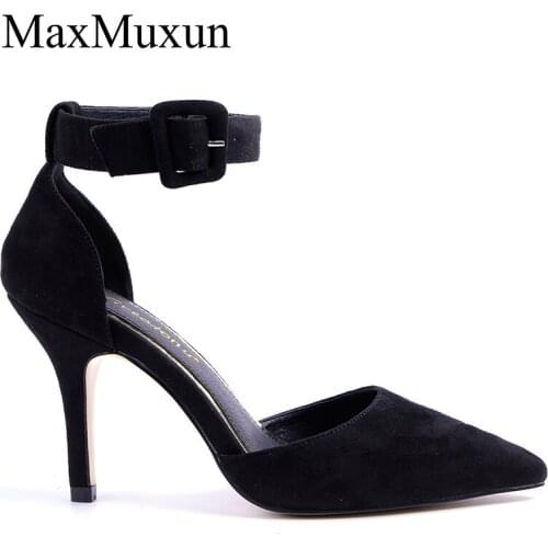 MaxMuxun Ankel Strap High Heels Sandals Buckle Pointed Toe Suede Adorable Party Dress Burgundy Black Pumps Shoes For Women