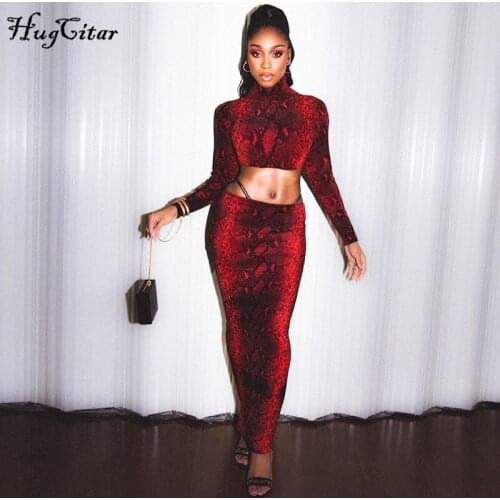 Hugcitar 2019 snake print high neck long sleeve crop tops long skirt 2 pieces set autumn winter women streetwear party outfits