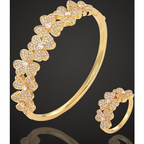 Zlxgirl jewelry Europe brand design Cubic zircon Flower Bangle & Rings Sets For bridal accessories metal copper bangle ring set