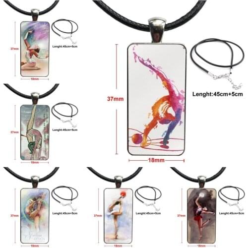 For Women Painting Girl Sport Gymnastic Luxury Necklace With Steel Plated Glass Cabochon Choker Long Pendant Rectangle Necklace