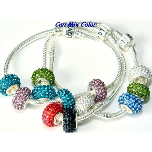 Yfg34le Mixed 14mm x10mm Silver Plated Core Big Hole European Beads Resin Charm Bracelets Rhinestone crystal