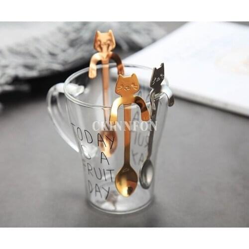 500Pcs/Lot Creative Stainless Steel Cartoon Cat Spoons Ice Cream Dessert Long Handle Coffee&Tea Spoon Tableware Kitchen Tool