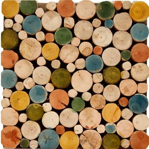 Coloreful eucalyptus small round wood wooden backsplash tile bedroom wall tile ancient wood mosaic panels mesh backing floor
