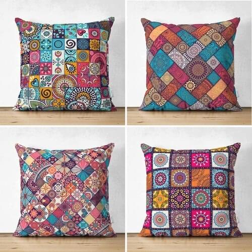 Decorative Rugs Patterned 4'lü Double-Sided Suede Cushion Pillow decorate Case Set