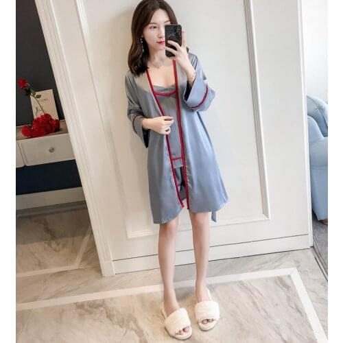 Spring Autumn Lady Korea Style Bathrobe Fresh Lovely Sleepwear Women Ice Silk Halter Shorts Nightgown Intimate Pajamas 3 Pieces