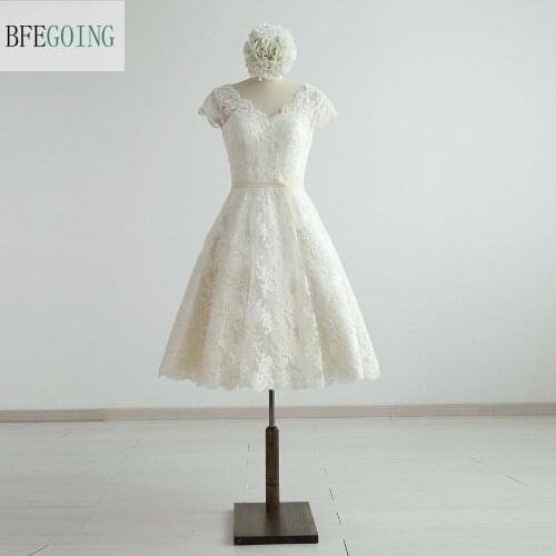 Ivory Lace V-Neck A-line Wedding Dress Knee-Length Cap Sleeves Real/Original Photos Custom made